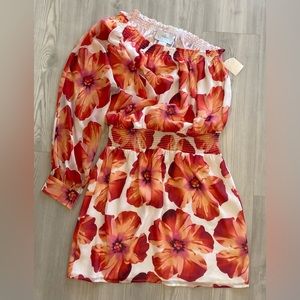 Madison Marcus 100% Silk One shoulder coral pink orange floral dress NWT